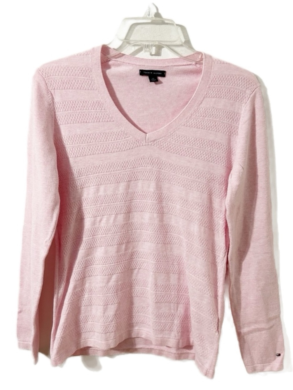 Tommy Hilfiger Pink Long Sleeve V-Neck Knit Sweater Lightweight Cotton Pullover